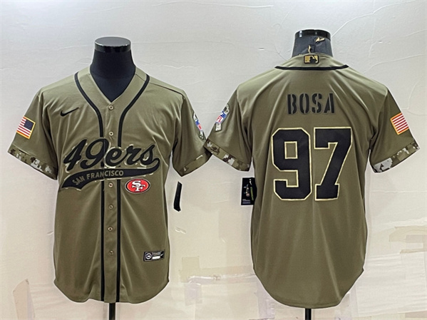 Men's San Francisco 49ers #97 Nick Bosa 2022 Olive Salute to Service Cool Base Stitched Baseball Jersey